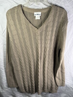 White Stag Cable Knit Women's Large Long Sleeve Beige V Neck Sweater Vintage