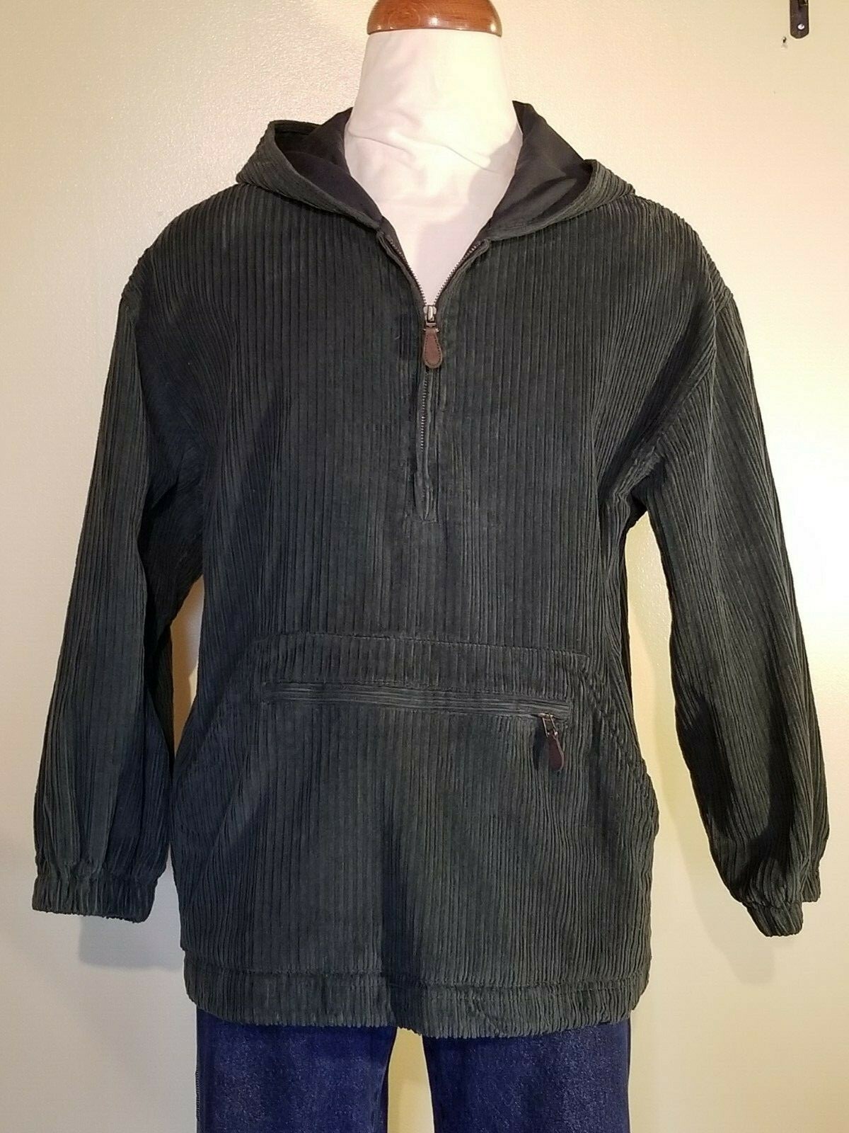 Vtg 80s Express Green Corduroy Sz M Hooded Pullover Jacket ~ Front Pouch Pocket