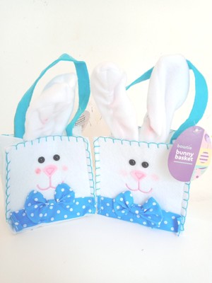 2x  9'' Easter Felted Bunny Rabbit Blue Bow Mini Bucket Basket NWT