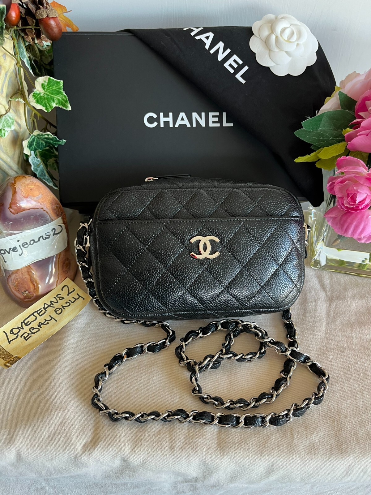 Authentic CHANEL Iridescent Black Caviar Leather Camera Case Authentic CHANEL Iridescent Black Caviar Leather Camera Case