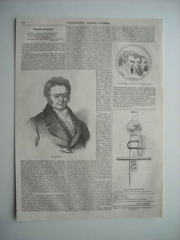 Gravure 1846. Thomas Clarkson, Abolitionniste Anglais. A Combattu L'Esclavage...