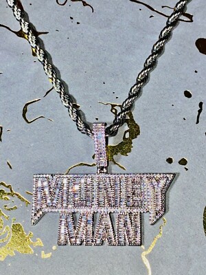 MONEY MAN Baguette Necklace Iceout Silver 14k Men Pendant 3mm Rope Link Chain