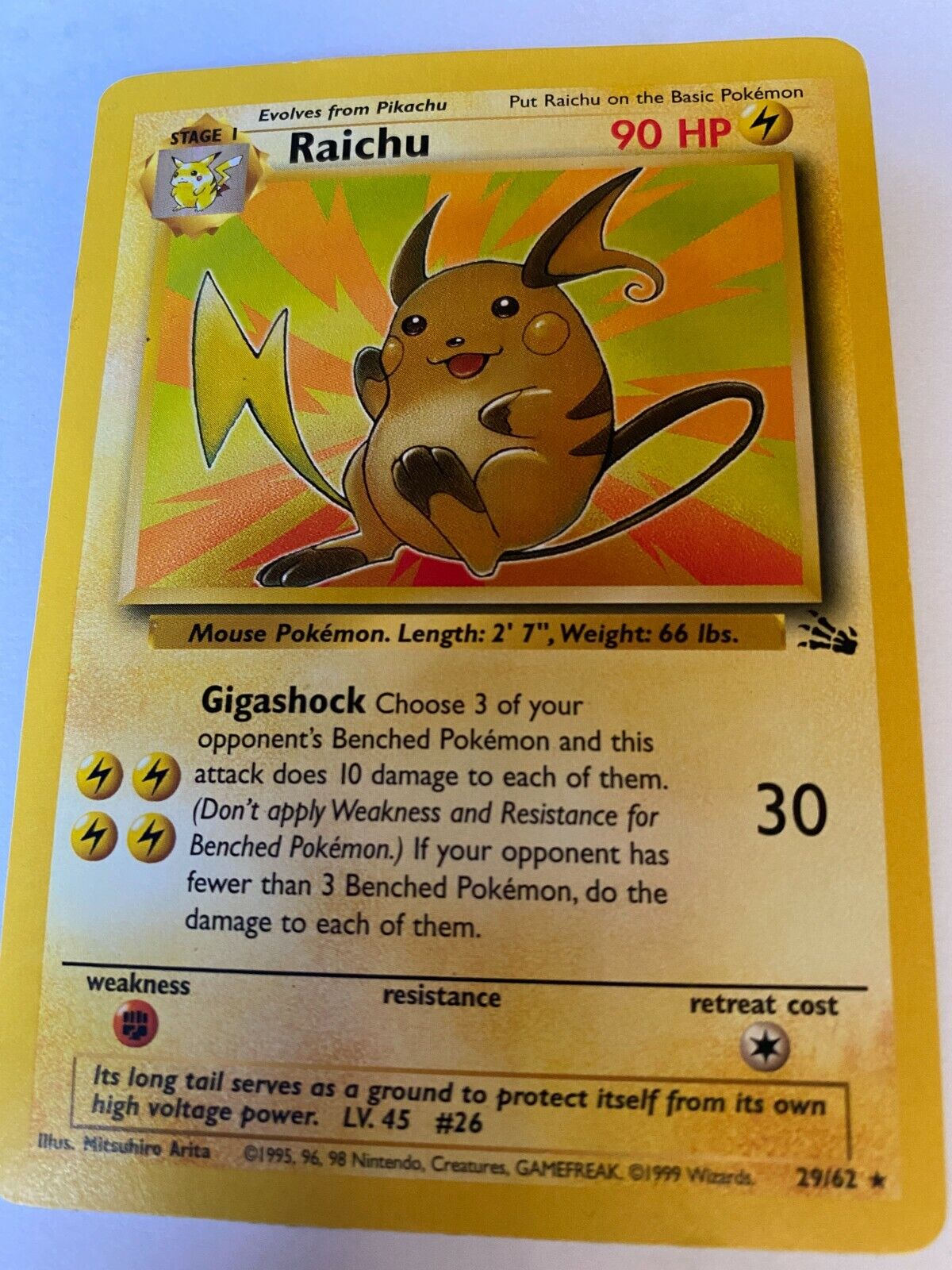 Pokemon Card Fossil Raichu #26 29/62 Black Star 90 HP LV 45 Pokemon Card Fossil Raichu #26 29/62 Black Star 90 HP LV 45