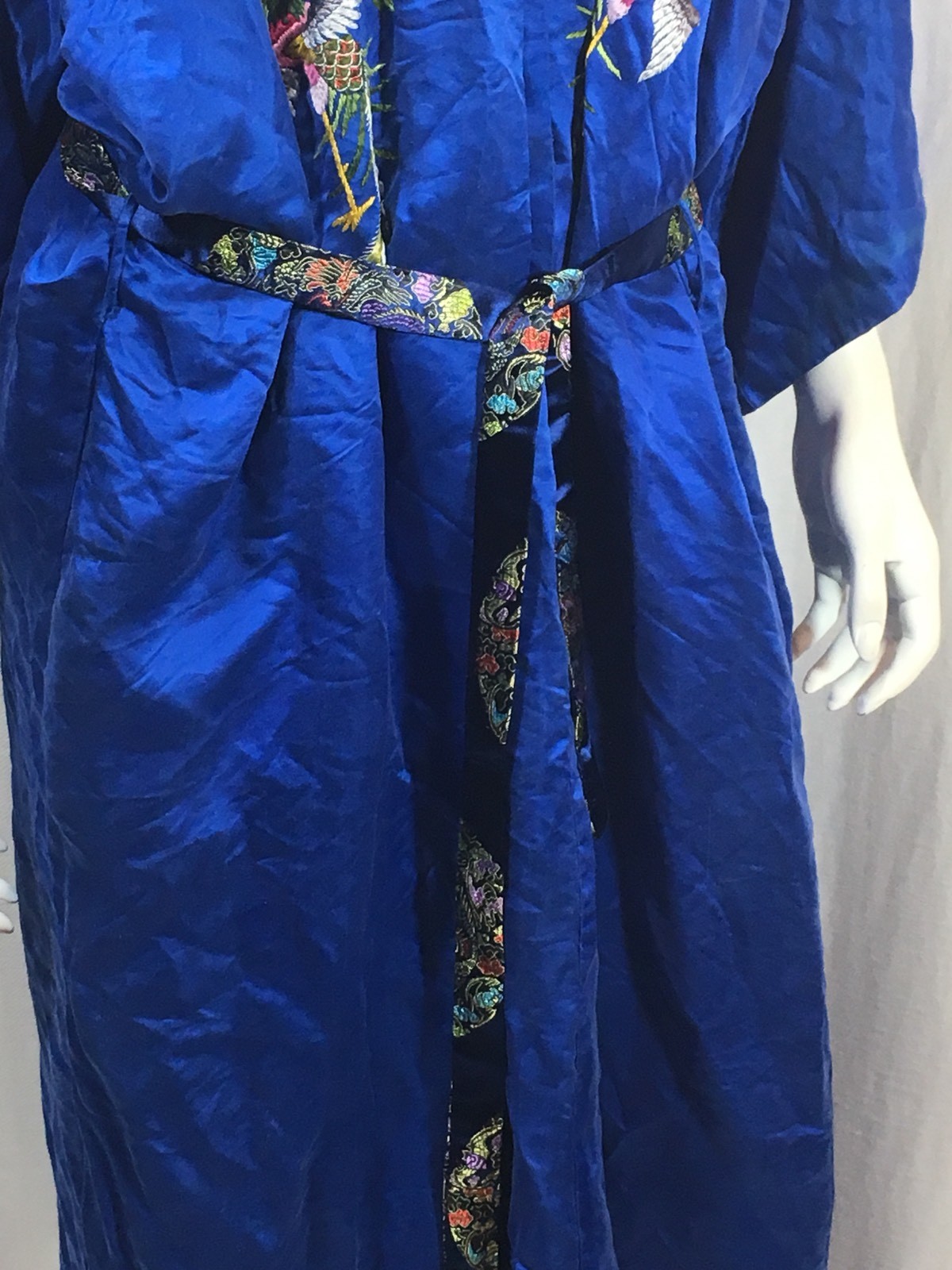 Vintage Royal Blue Silk Golden Dragin Robe L embroidered tie at waist rooster