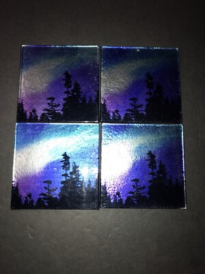 Rare Set Of 4 Hand Painted Coasters Night Sky  Northern Lights Coasters