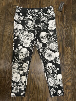 New Black White Evolution and Creation Leggings Skulls Roses Floral Roses 7/8 L