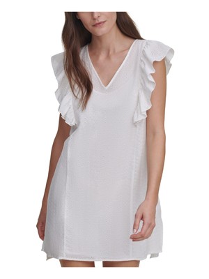 DKNY JEANS Womens White Unlined Flutter Sleeve V Neck Short Shift Dress XS