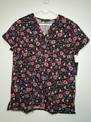 Cassandra O Halloween Bats Candy Corn Fangs Scrub Top Women Size M NEW.