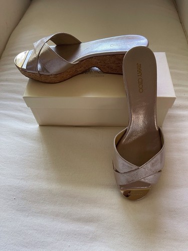 NWB JIMMY CHOO Panna Wedge Sandal In Crushed Patent Frappe