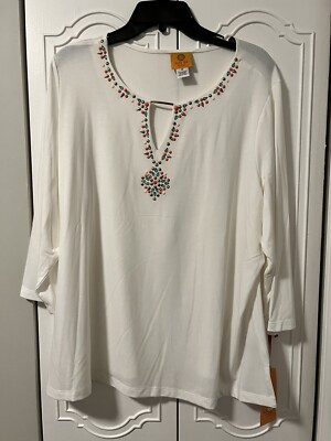 Ruby Red Off White 3/4 Sleeve Beaded decoration Top