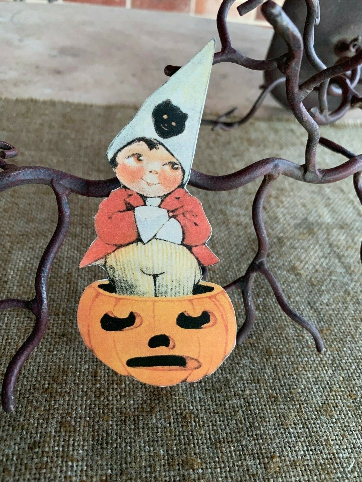 Vintage Repro Boy Stands in Pumpkin Halloween Cardstock Decoration,U Choose Size