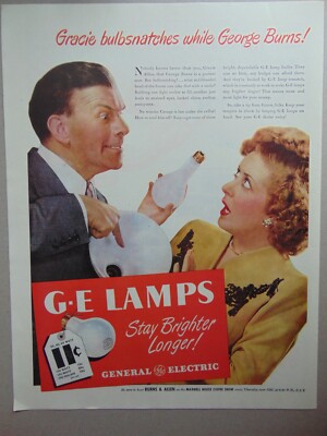 1946 G.E. LAMPS George Burns & Gracie Allen vintage art print ad