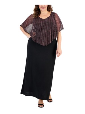 СВЯЗАННАЯ ОДЕЖДА Женское черное макси-платье с сетчатой накидкой без подкладки и накладным верхом Plus 20W