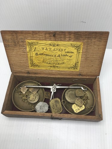 Antique Brass Hanging Balance Scale In Box With Weights