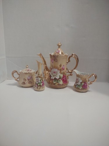 Lefton China Brown Heritage Rose Teapot Coffee Sugar Bowl
