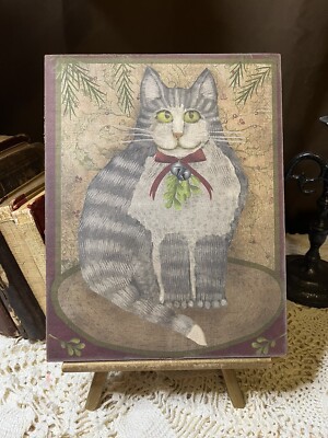 Primitive Folk Art Handcrafted Plaque / Sign, Cross Eyed Christmas Cat