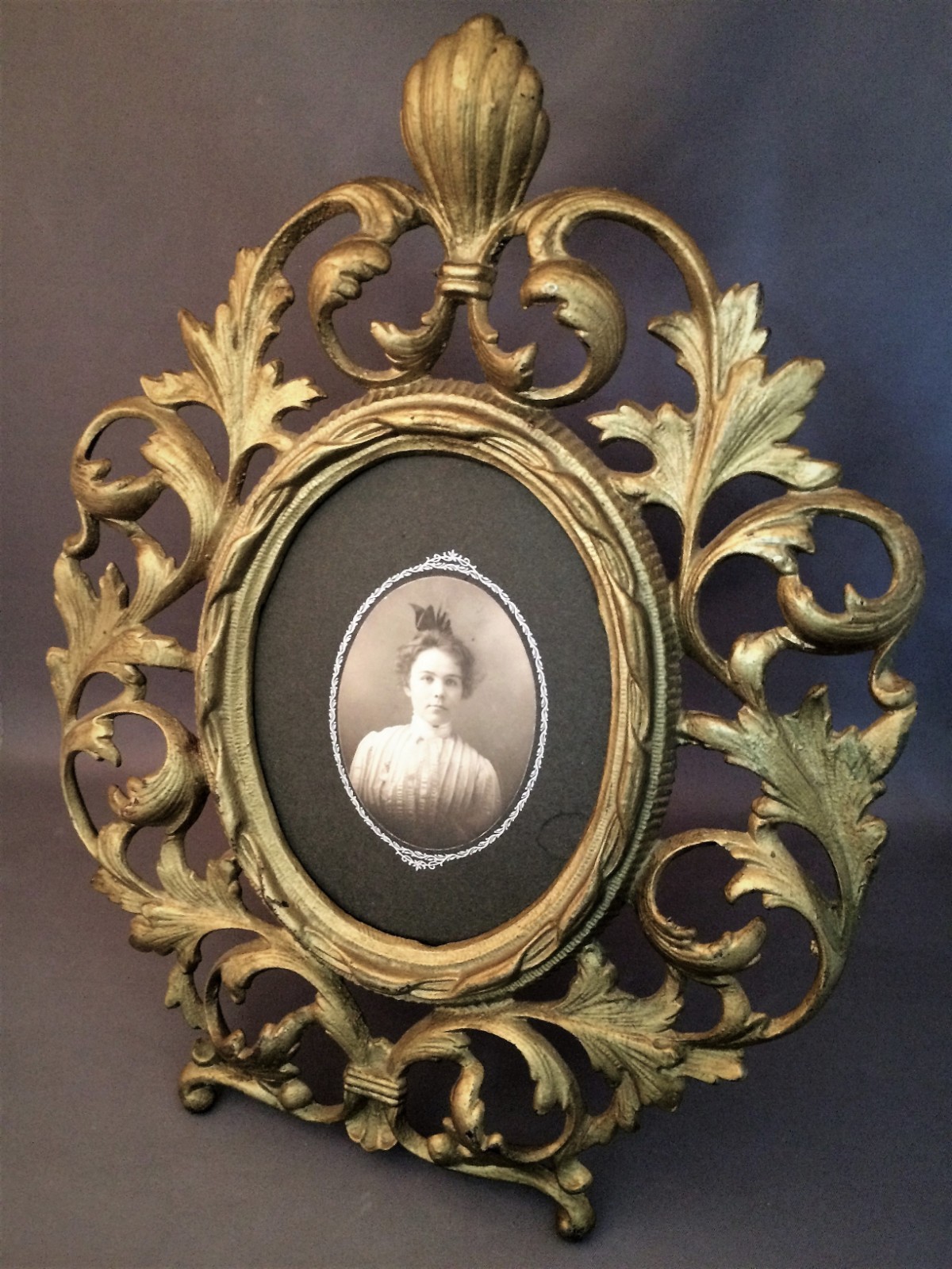 Antique Victorian Solid Gilt Brass Easel Table Picture Frame w/ Lady Grace Photo