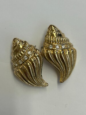 Vtg 80's KJL Avon Textured Goldtone Rhinestone Conch Sea Shell Pierced Earrings