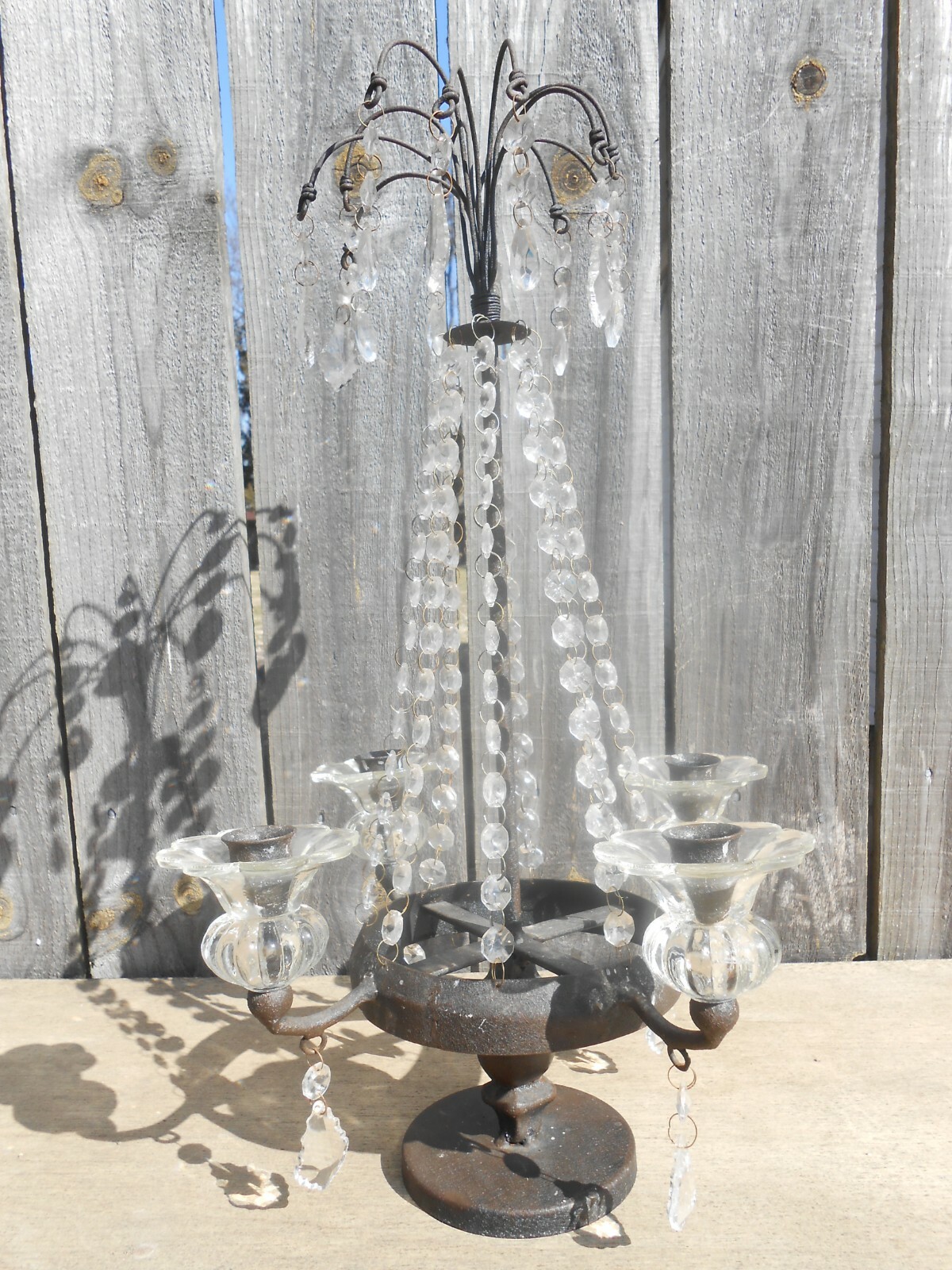 Antique Colonial Americana Cast Iron 4 Arm Candelabra Candle Holder With Prisms