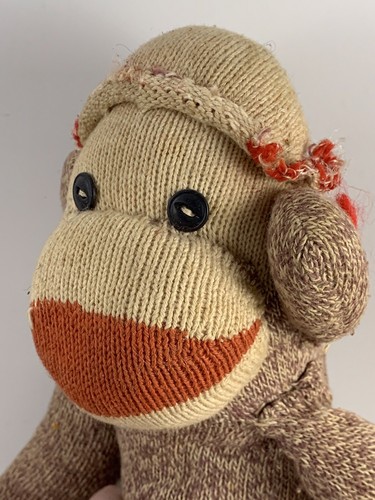 Vintage Brown & Off White Red Heel SOCK MONKEY With Hat & Button Eyes