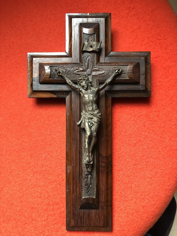 Grand Crucifix Inri Christ En Bronze Xixeme Bois Noble SculptÃ©.Mural 30 Cm