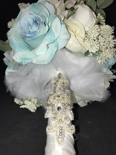 Tiffany Blue White Off White Roses Hydrangea  Floral Wedding Bridal Bouquet