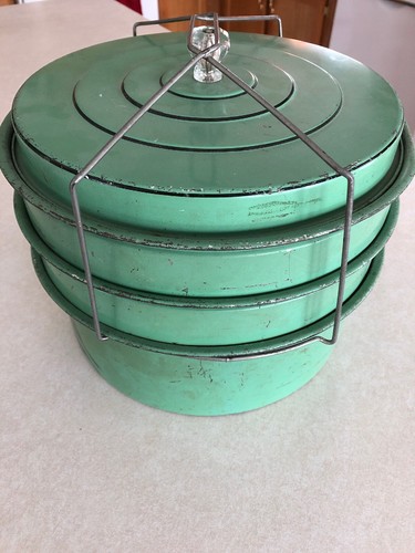 Vintage Mid Century Metal 3 Tier Pie Cake Cookie Carrier Taker Green