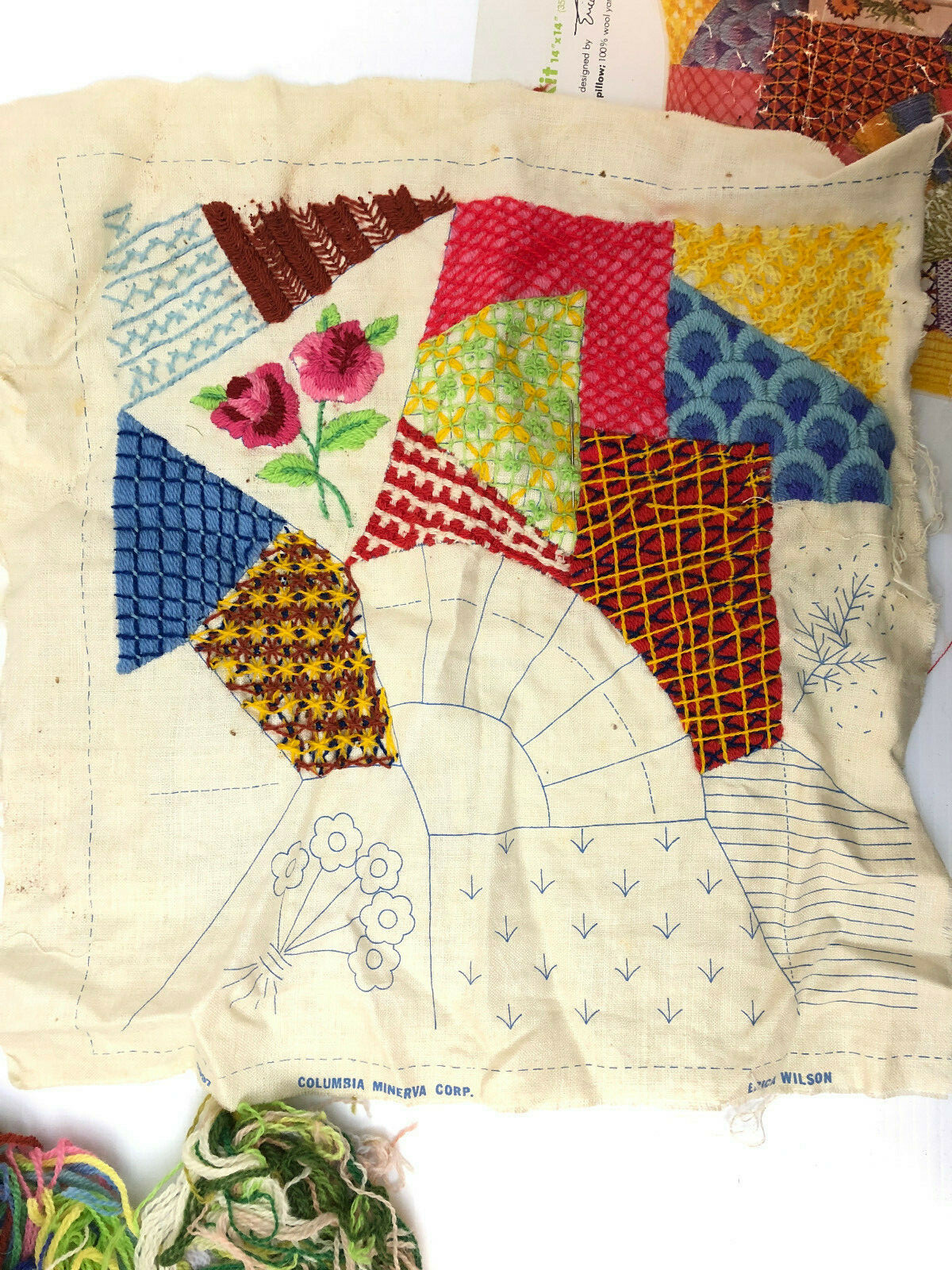 Vtg Pillow Crewel Kit Columbia Minerva Retro Kitsch Boho Erica Wilson Partial
