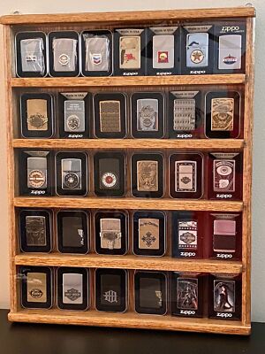 solid oak zippo lighter display case for them  in there package tins