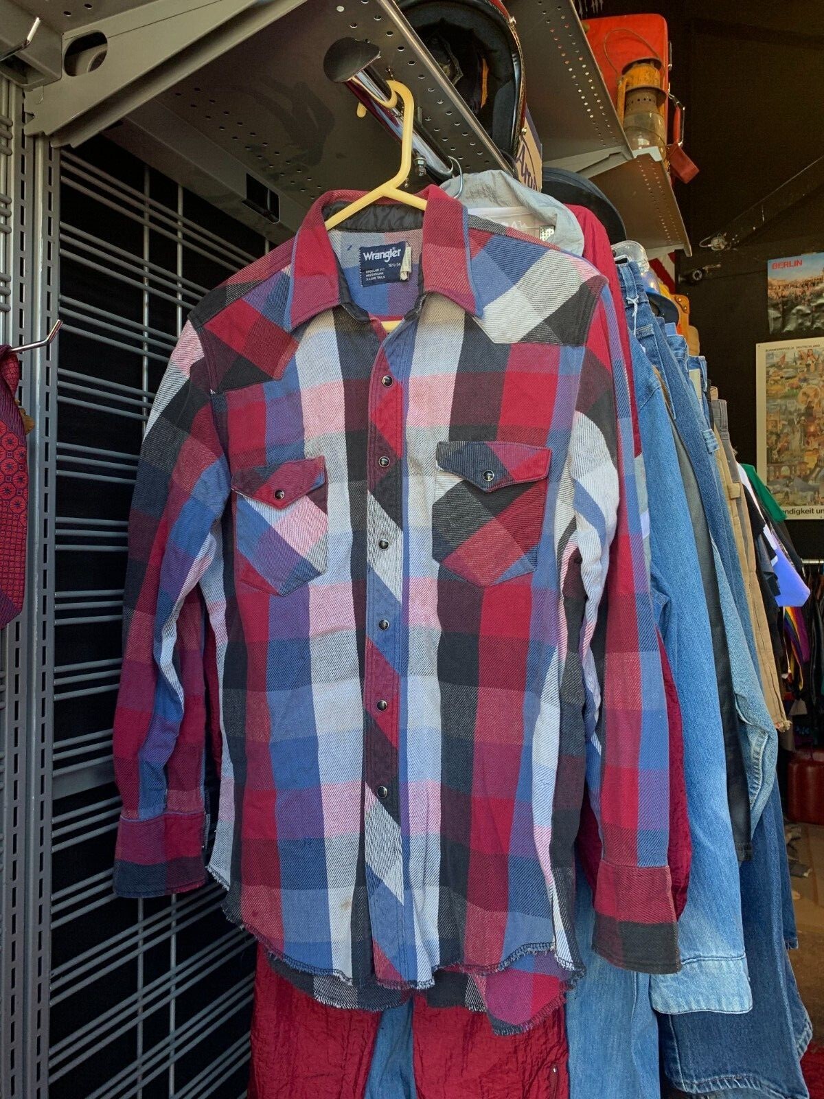 Vtg Wrangler Heavy Duty Pearl Snap Flannel Men's Plaid Shirt Size 16.5-34