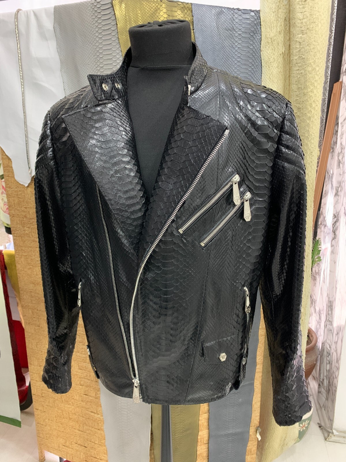 Pre-owned Philipp Plein Real Python Leather Men Black Exotic Skin Motorcycle Biker Jacket