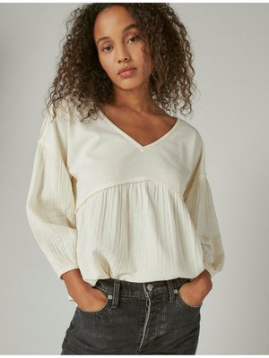 

LUCKY BRAND Женский топ цвета слоновой кости с длинными рукавами и V-образным вырезом и баской, Цвет слоновой кости