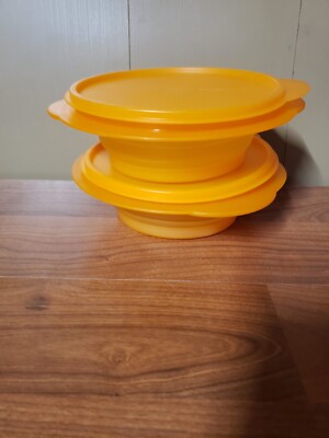 (2) Tupperware Flat Out Bowls Lid Set 5453A Orange Collapsible Expandable 4 Cup