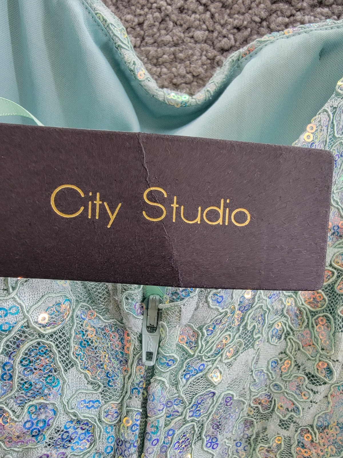 City Studio Embellished Lace Square-Neck Gown Juniors 13/14 Seafoam Sleeveless - Picture 12 of 13
