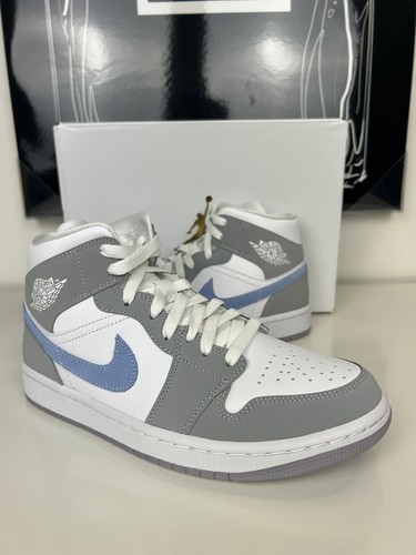 Pre-owned Jordan Wmns Air  1 Mid White Almnm Wolf Grey Bq6472-105 Women's Sz 10 / Men's 8.5