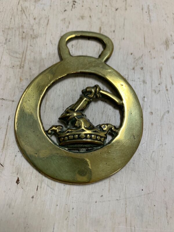 Vintage Brass Horse Bridle Medallion Badge Sword & Crown Design