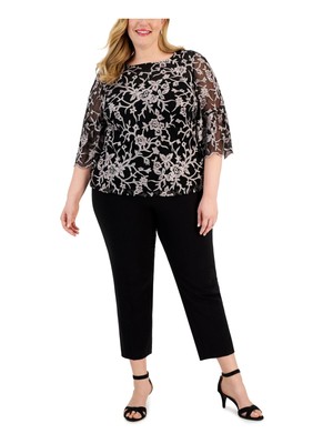 

ALEX EVENINGS Женская черная праздничная блузка с круглым вырезом и рукавами 3/4 на подкладке Plus, Черный