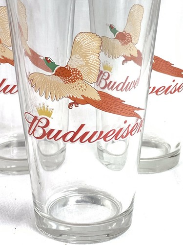 5 Vintage Budweiser Ring Neck Pheasant Clear Tumblers Hunting Bar Ware Glasses