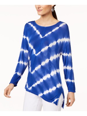 INC Женский синий топ Tie Dye с длинным рукавом и круглым вырезом горловины M