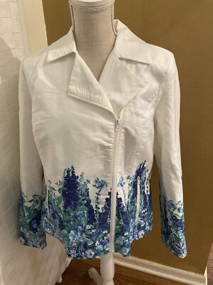 Dennis by Dennis Basso Womens White and Floral Motorcycle Jacket Size 14