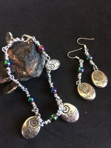 Rainbow Hemaitite Bracelet With “Be Yourself” Charm Plus Bonus Earrings