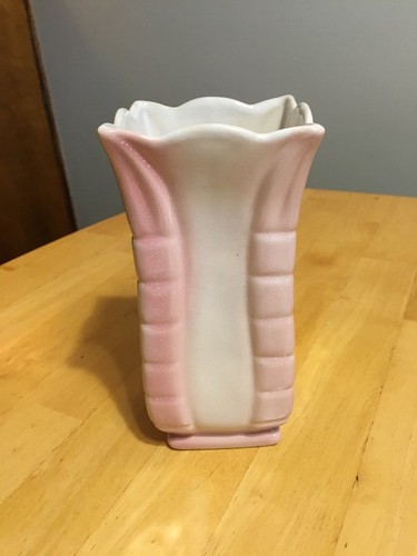 ROSEMEADE NORTH DAKOTA POTTERY SQUARE VASE 7 1/2” TALL, WHITE SHADED WITH PINK