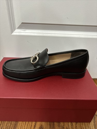 Pre-owned Ferragamo Salvatore  Rolo Black Leather Mens Loafers 8 Ee Reversible Buckle