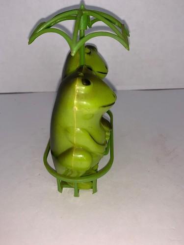 Vintage Green Plastic Frog Salt and Pepper Shakers with Holder