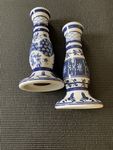 Vintage Pair Of Oriental Blue And White Chinese Candle Holders