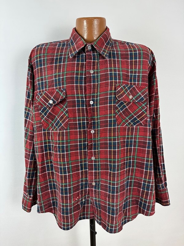 Distressed Vintage 90s Flannel Shirt Mens XL Red Plaid Outdoors Grunge Hipster
