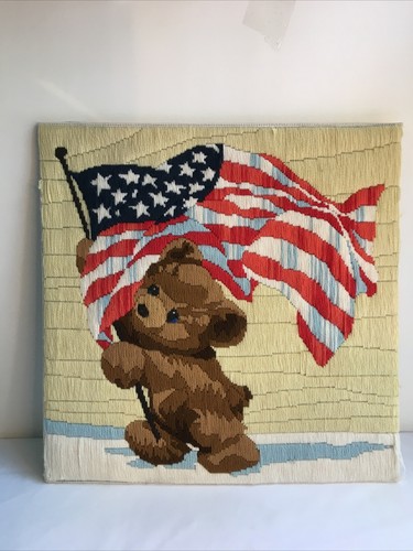 Vintage Crewel Embroidery--- Teddy Bear with American Flag