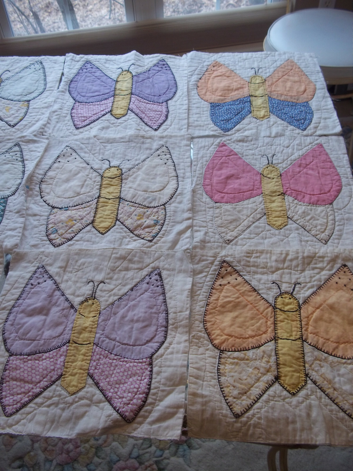 Antique quilt squares butterfly appliqued & embroidered & hand quilted 14 pcs