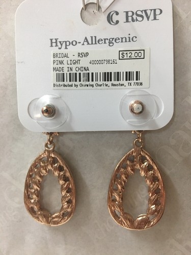 Charming Charlie RSVP Bridal Rhinestone & Pink Dangle Earrings Rose Gold Oval