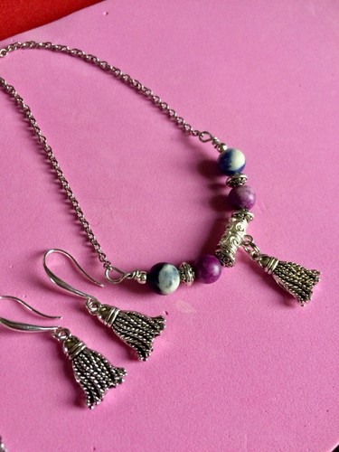 Tibetan Tassel Swing Stone Necklace ,Earrings Jewelry Set Sodalite,Purple Jasper